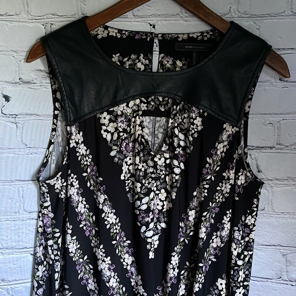 BCBG Max Azria Black Floral Sleeveless Faux Leather Shoulders Midi Dress Size S - Picture 2 of 5